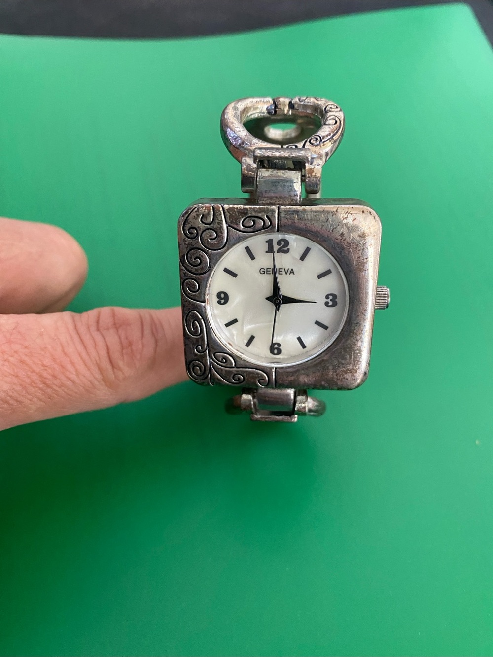 Geneva Silver-Tone Filigree Square Dial Ring Watch